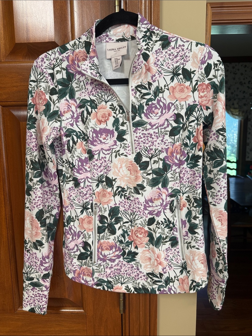 Laura Ashley Floral Quarter-Zip Pullover - White, Pink & Purple NWOT
